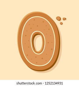Handmade gingerbread number 0. Traditional Christmas cookie vector illustration. Cartoon style symbol. Art design letter.