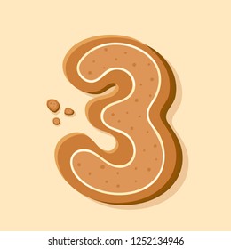 Handmade gingerbread number 3. Traditional Christmas cookie vector illustration. Cartoon style symbol. Art design letter.