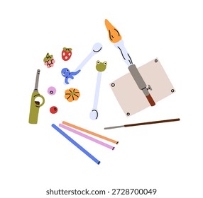 Handgefertigte Glasarbeiten. Glasarbeiten, Kunsthandwerk. Kreative Hobby-Accessoires, Zubehör, moderne DIY-Kunst, Handarbeit, Handarbeit, handgemachte Herstellung. Flache Vektorgrafik einzeln auf weißem Hintergrund