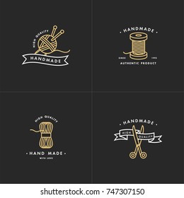 Handmade golden line logos set. Handmade linear badges or handmade outline labels. Knitwear and sewing symbols. Vector illustration