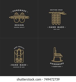 Handmade golden line logos set. Handmade linear badges or handmade outline labels. Knitwear and sewing symbols. Vector illustration