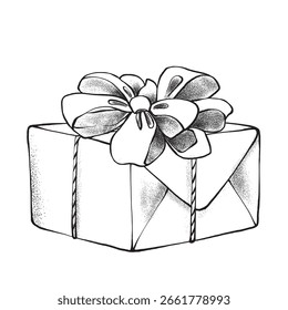 Gráficos hechos a mano de una caja de regalo en blanco y negro con un lazo voluminoso. Ilustración vectorial sobre un fondo blanco para el embalaje, tarjetas de felicitación y vacaciones de invierno.