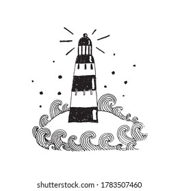 Handmade graphics. Black and white. Lighthouse and sea. Travels. Illustration. Vector. The lighthouse stands on a piece of land, and waves around it. Stylization.