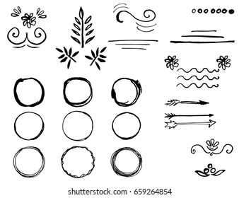 Handmade graphics, elements for decorations drawn in ink by hand