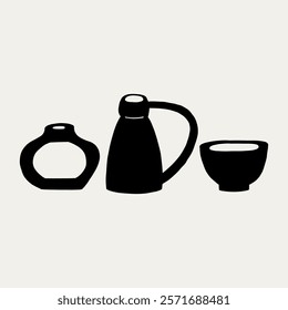 Handmade Green Clay Pottery Ceramic Utensil Black Silhouette. Different Pottery Shape Silhouette Decor. Hand Drawn Vector Illustration