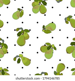 Handmade green pear illustration,  black outline, cartoon vector illustration, over black polka dots and white background seamless pattern	