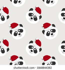Handmade greeting vector seamless pattern of a panda with realistic sewing buttons and santa's hat 