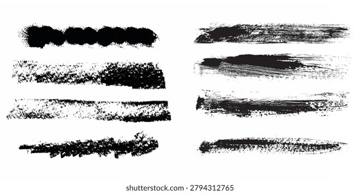 Handmade grunge brush strokes in black ink creating rough, distressed paint textures and graphic elements for backgrounds, posters, logos, and artistic design projects requiring raw, vintage character.