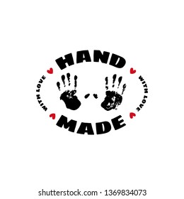 Handmade grunge icon. Hand print black ink on white background with red heart and font with love. Hand made stamp. Vector illustration