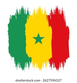 Handmade grunge style Senegal flag with green, yellow, and red brush strokes and central green star, symbolizing unity and heritage. Vector art.