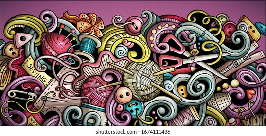 Handmade hand drawn doodle banner. Cartoon detailed flyer. Hand made identity with objects and symbols. Color vector design elements background