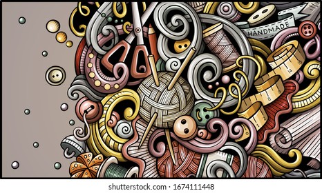 Handmade hand drawn doodle banner. Cartoon detailed flyer. Hand made identity with objects and symbols. Color vector design elements background