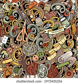 Handmade hand drawn doodles seamless pattern. Sewing and knitting background. Cartoon craft fabric print design. Colorful vector handicraft illustration