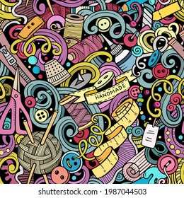 Doodles hechos a mano sin fisuras. Fondo de coser y tejido. Diseño de impresión de tela artesanal de dibujos animados. Ilustración colorida de la artesanía vectorial