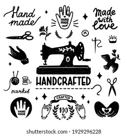 Handmade and handcrafted vector icons set - vintage elements in stamp style, sewing machine and hand made letterings. Vintage vector illustration for banner and label design