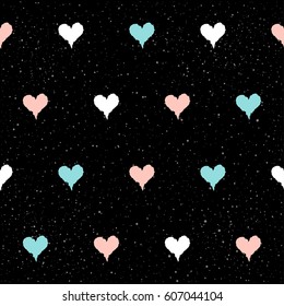 Handmade heart seamless pattern background. Abstract blue, white and pink heart on black  pattern for card, invitation, wallpaper, scrapbook, wrapping paper, textile fabric, garment, t-shirt etc