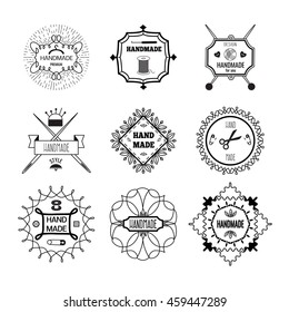 Handmade hipster style monochrome linear emblems with crossed needles pins yarns ornament of flourishes isolated vector illustration 