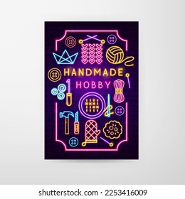Handmade Hobby Neon Flyer. Vector Illustration of Craftsmanship Promotion.