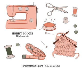 Handmade hobby sewing icon set. Craft kit tool for needlework, knitting: scissors, thread, needles, sewing machine, needle cushion. Hand-drawn equipment illustration. DIY Starter Flat vector .