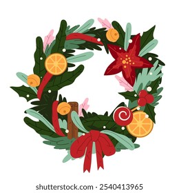 Handmade holiday leafy wreath decorated with fruit and flower. Christmas frame or vector icon isolated on background. Festive object for door decoration. New Year interior garland or hoop.