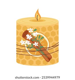 Vela de cera de favo de mel artesanal decorada com laranja seca, canela e flores. A luz de vela com chama exala atmosfera aconchegante de relaxamento Aromatherapy, relaxamento, decoração de casa. Ilustração de vetor plano