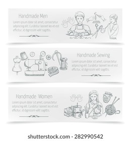 Handmade horizontal banner set with hand drawn sewing elements isolated vector illustration