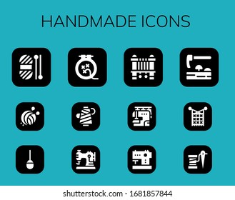 handmade icon set. 12 filled handmade icons. Included Wool, Yarn ball, Awl, Knit, Thread, Sewing machine, Adze icons