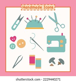 iconos hechos a mano máquina de coser, botones, cojín, aguja, ojos de seguridad para juguetes, pinzas, tijeras, pimienta