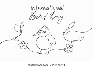 Handmade Illustration bird on branch continuous line and let-ng.Vector clipart concept continuous line isolated on white bkgr.BandW design for poster,card,label,sticker,t-shirt,web,print,stamp,tattoo