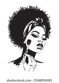 Handmade illustration of black woman applying makeup
