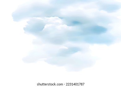 Handmade illustration of blue clouds, sky watercolor, light abstract splash on white paper background, vector watercolor clouds.