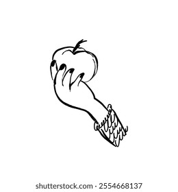 Handmade illustration - hand holding an apple. Freehand doodle drawing with pencil texture. Vector isolated on white background.