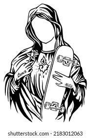 Handmade illustration of immaculate holy virgin image, tattooed with skateboard in hands.