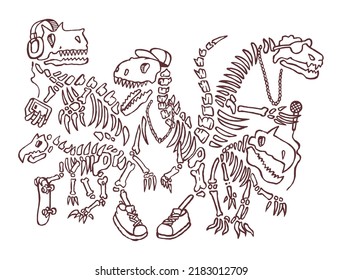 Handmade illustration of a musical band formed by dinosaur fossils, art in a casual style.