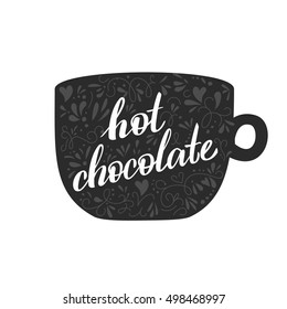 Handmade illustration with quote lettering hot cacao for cold days. Christmas mood illustration in vector. Mug with cacao and marshmallow. Concept for cafe and coffee shop