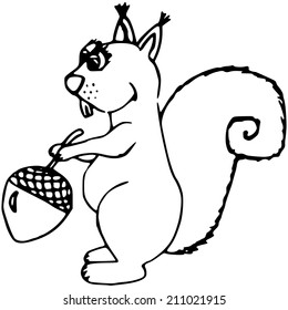 hand-made illustration of a series of cartoon animals, squirrel with acorn