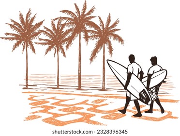 Handmade illustration of surfers walking along the beach in a tropical region.