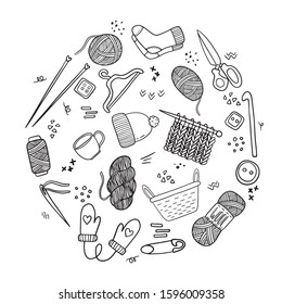Hand-made illustration in vector line style in the theme of needlework, crafts, hobbies and knitting.