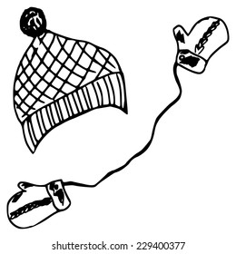 handmade illustration, winter kit, hat, mittens