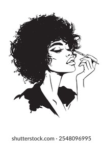 Handmade illustration of woman applying makeup