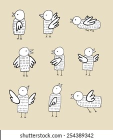 Handmade ink birds set, vector illustration