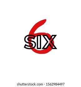 Handmade ink brush hand drawn red number 6 with black text Six on white background. Vector calligraphy numeral and sign. Calligraphic abstract graphic concept illustration