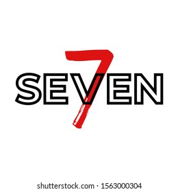 Handmade ink brush hand drawn red number 7 with black text Seven on white background. Vector calligraphy numeral and sign. Calligraphic abstract graphic concept illustration