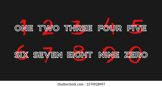 Handmade ink brush hand drawn red numbers 1, 2, 3, 4, 5, 6, 7, 8, 9, 0 set with white text on black background. Vector calligraphy numeral and sign. Calligraphic abstract graphic concept illustration