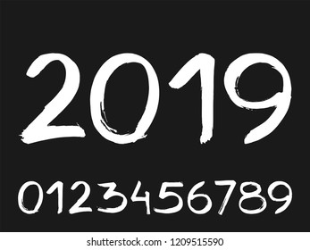 Handmade ink brush numbers 1,2,3,4,5,6,7,8,9,0. Vector calligraphy grunge numerals 2019 new year. Calligraphic illustration