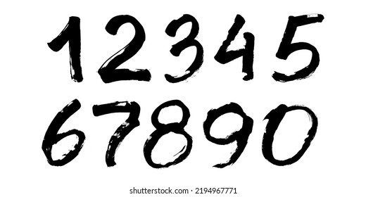 Handmade ink brush numbers 1,2,3,4,5,6,7,8,9,0. Calligraphy numerals and sign set. Calligraphic vector illustration