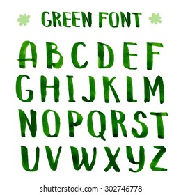 Handmade ink green alphabet. Vector alphabet the capital letters.Brush painted letters.