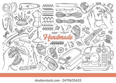 Handmade items and equipment for embroidery or knitting and making craft clothes. Threads with needles or scissors and sewing machine for people who have handmade hobby. Hand drawn doodle