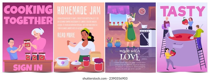 Handmade jam cooking, Made with love vector posters set. People preparing tasty fruit or berry jam. Grandmother together with boy making conserve confiture, marmalade dessert