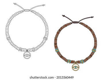 Handmade jewelry: amulet bracelet with an eye-shaped pendant. Vector illustration isolated on a white background.